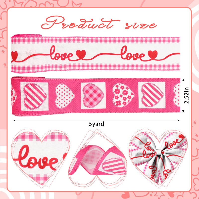 Glodecart Valentine's Day Ribbon for Wreath Bow Wrapping Gift, Wired Pink Hearts 2.5" X 10 Yard Love-Themed Wreath Ribbon - Image 2