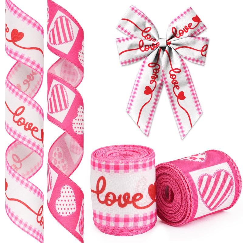 Glodecart Valentine's Day Ribbon for Wreath Bow Wrapping Gift, Wired Pink Hearts 2.5" X 10 Yard Love-Themed Wreath Ribbon - Image 1