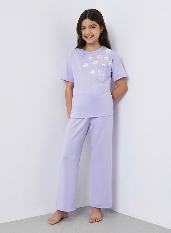 Styli Teens Lilac Floral Print T-Shirt and Pyjama Set - Image 1