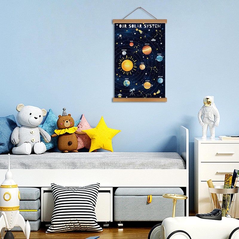 KAIRNE Our Solar System Decor With Wood Magnetic HangerUniverse Hanging Posters35X56CM Outer Space Themed Wall ArtChildren Planets Learning Canvas For Kids Boys Bedroom Space Playroom Decor - Image 4