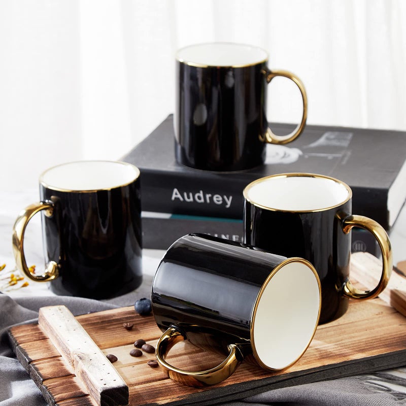 DUJUST Black Coffee Mug Set of 416oz Modern  Stylish Design with Handcrafted Golden Trims Black and Gold Cup Set for Coffee Tea  Milk Beautiful  Graceful Top Fine Porcelain Cups