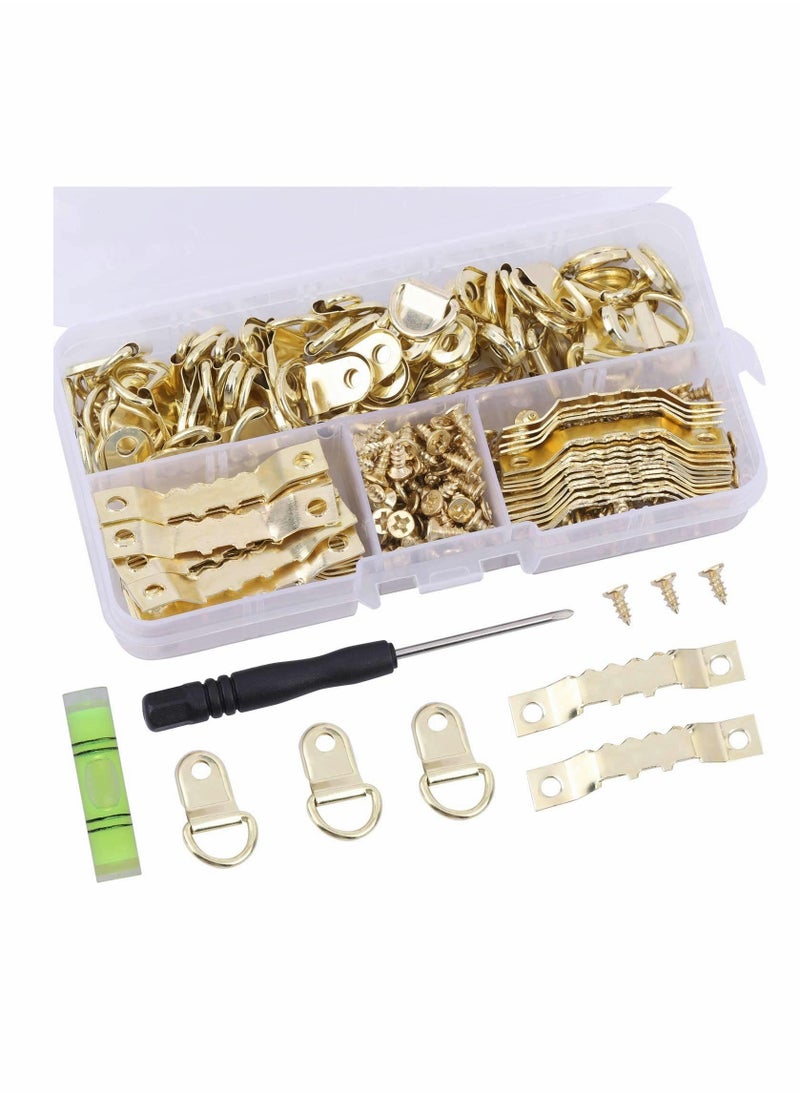KASTWAVE - Hook Set, Box Hook, D Ring Picture Frame Hanger, Sawtooth Photo Hanging Hardware Set with Screws and Spirit Level Silver Gold, 252 psc - Image 1