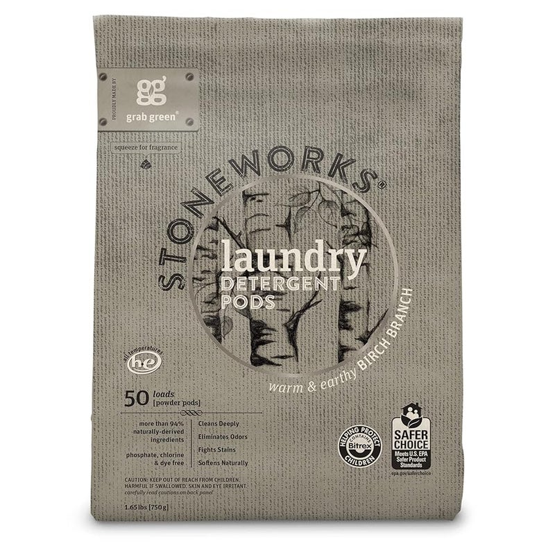 Grab Green Stoneworks Laundry Detergent Pods Powered by NaturallyDerived Plant  MineralBased Powder Pods Birch Branch 50 Count Pack of 1 LoadsEPA Safer Choice Certified