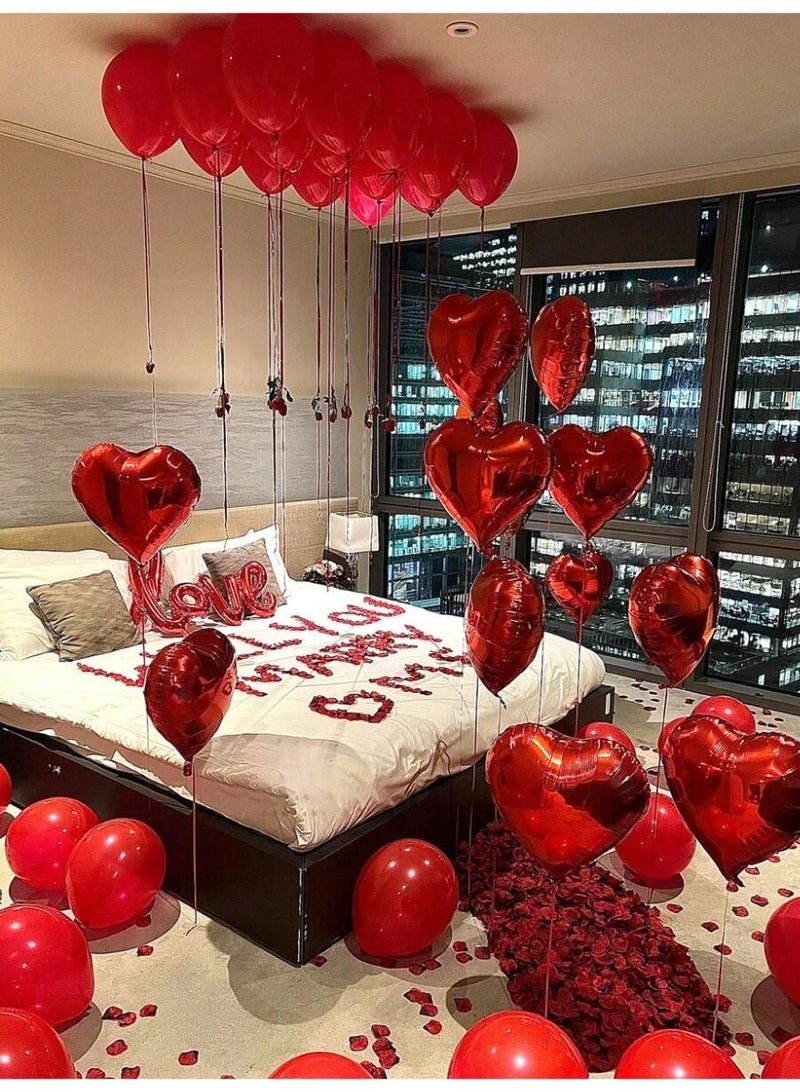 55-pcs set includes a "Love" Balloon, Artificial Red Rose Petals, 18-inch Red Foil Heart Balloons, 10-inch Red Tex Balloons, and 2 Strips of Tape, Perfect for Special Romantic Decorations, Anniversaries, and Weddings. - Image 1