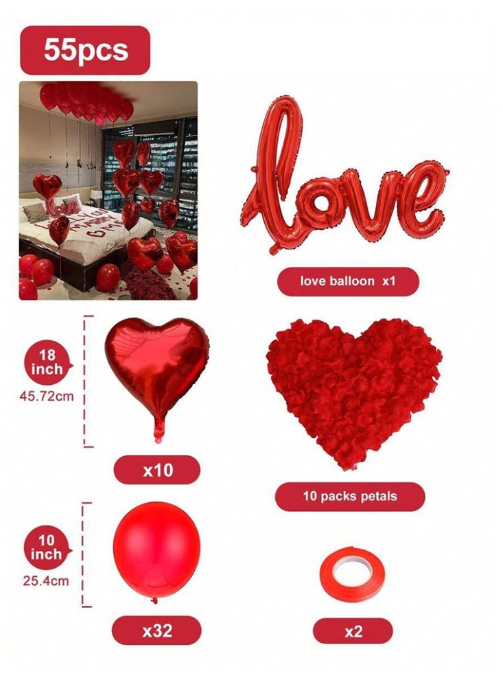 55-pcs set includes a "Love" Balloon, Artificial Red Rose Petals, 18-inch Red Foil Heart Balloons, 10-inch Red Tex Balloons, and 2 Strips of Tape, Perfect for Special Romantic Decorations, Anniversaries, and Weddings. - Image 2