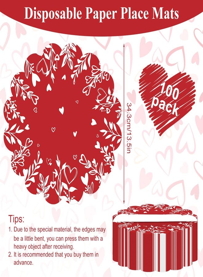 Stuffygreenus 100 Pcs Valentines Day Paper Placemats 13.5 Inches Scalloped Valentines Placemats Disposable Red Floral Heart Place Mats for Dining Parties Weddings Holidays Table Decorations - Image 2