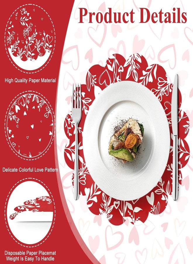 Stuffygreenus 100 Pcs Valentines Day Paper Placemats 13.5 Inches Scalloped Valentines Placemats Disposable Red Floral Heart Place Mats for Dining Parties Weddings Holidays Table Decorations - Image 3