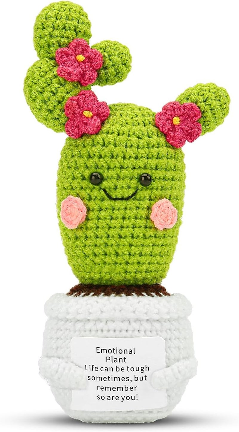 Hoedia Handmade Emotional Pickle Gift, Emotional Cucumber Crochet Doll Inspirational Gifts with Cards, Cute Knitted Funny Support Pickle Potato Friend Birthday (Blossom Cactus) - Image 1