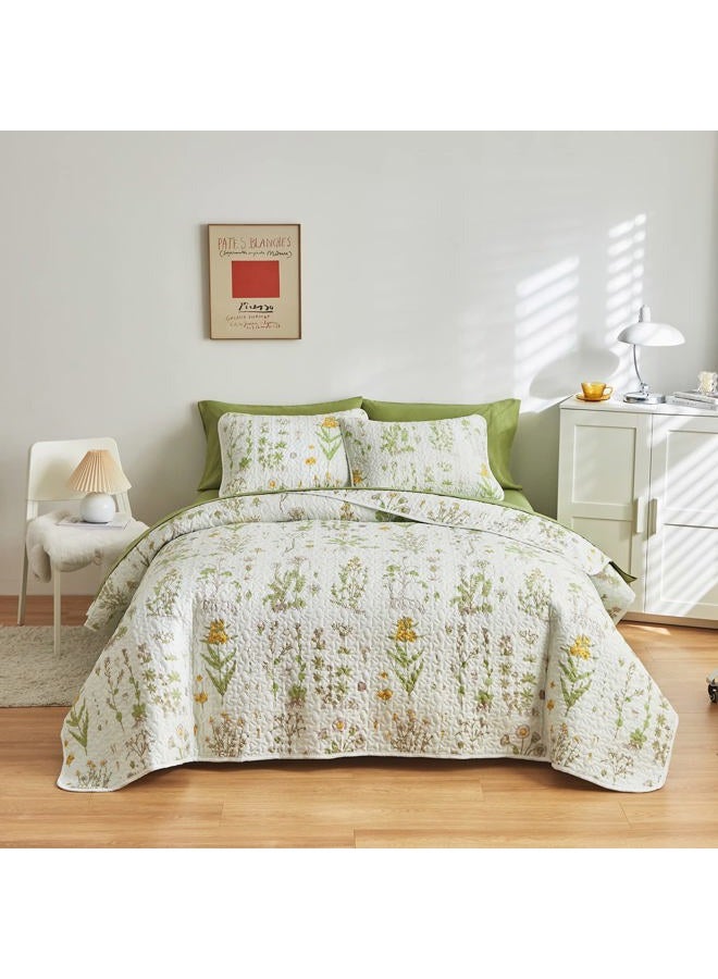 Joyreap 3 Pieces Reversible Quilt Set, Smooth Soft Microfiber Quilt, Yellow Flowers Green Leaves Botanical Design, Bedspread Bed Cover for All Season, 1 Quilt n 2 Pillow Shams (King, 102x90 inches) - Image 2