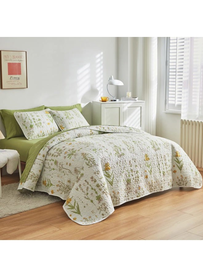 Joyreap 3 Pieces Reversible Quilt Set, Smooth Soft Microfiber Quilt, Yellow Flowers Green Leaves Botanical Design, Bedspread Bed Cover for All Season, 1 Quilt n 2 Pillow Shams (King, 102x90 inches) - Image 3