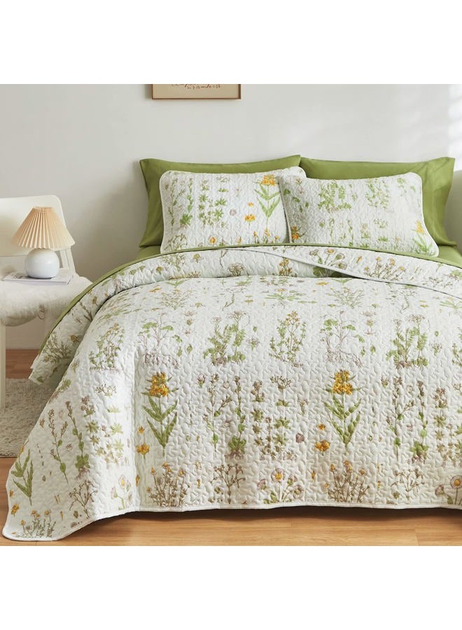 Joyreap 3 Pieces Reversible Quilt Set, Smooth Soft Microfiber Quilt, Yellow Flowers Green Leaves Botanical Design, Bedspread Bed Cover for All Season, 1 Quilt n 2 Pillow Shams (King, 102x90 inches) - Image 1
