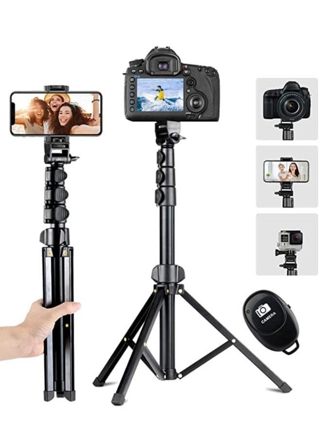 142cm Extendable Tripod Stand with Bluetooth Remote for iPhone Android Phone, Universal Phone Clip, Heavy Duty Aluminum, Compatible with Small Camera (Black)  - Image 1