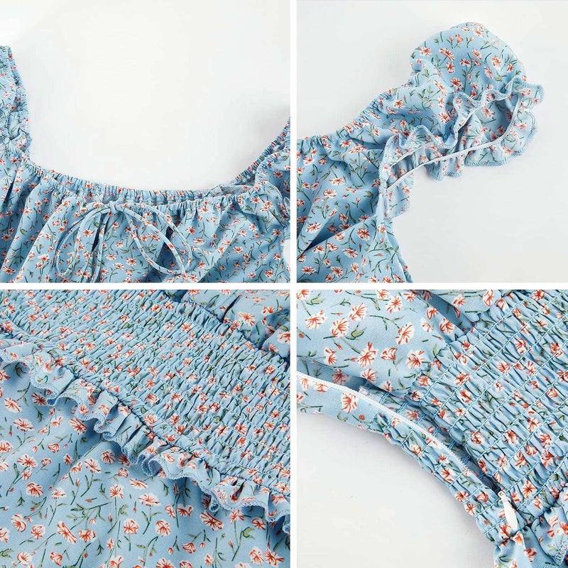 YOBECHO Womens Summer Ruffle Sleeve Sweetheart Neckline Printing Dress Mini Dresses A-Light Blue - Image 4