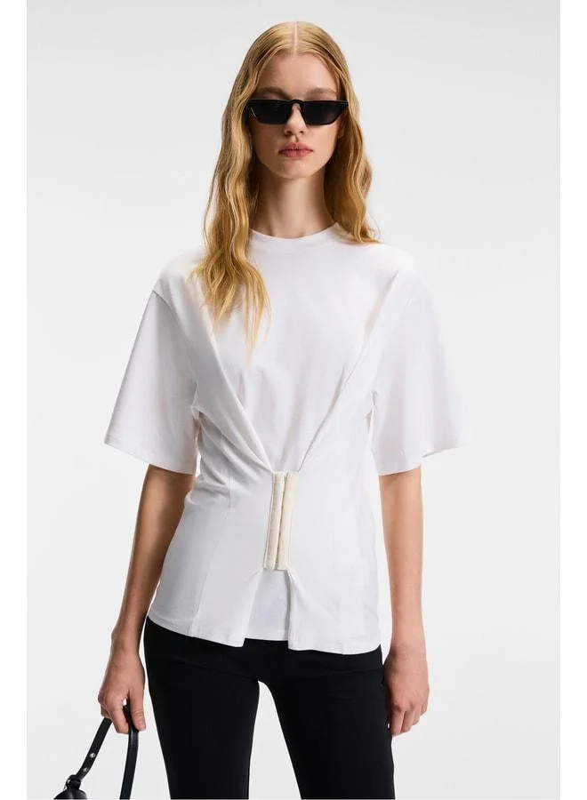 Ethiquet NARIA Women's Bike-Neck Short-Sleeve Waist Agraj-Detail Relaxed-Fit Ecru Blouse.