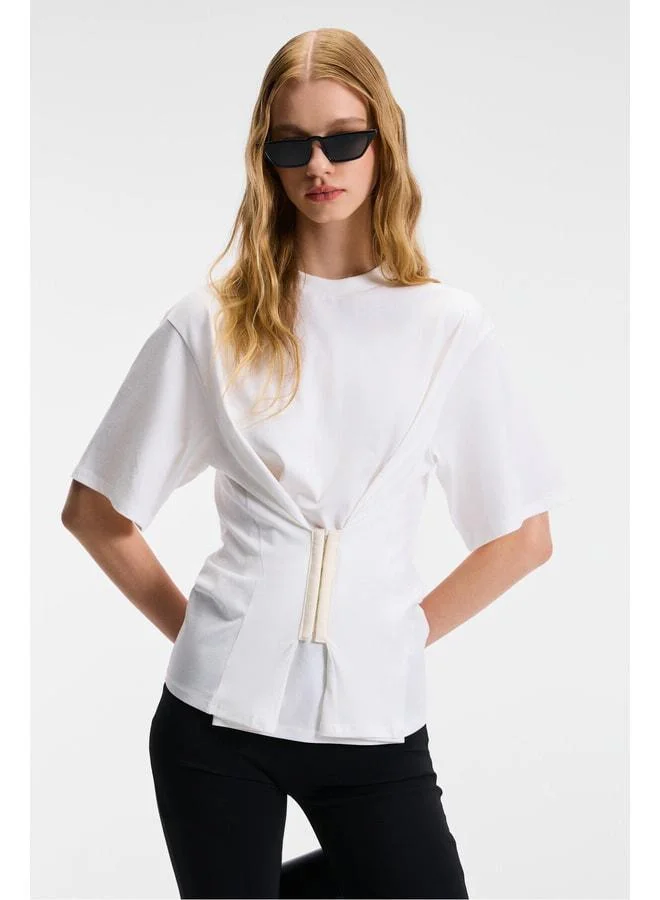Ethiquet NARIA Women's Bike-Neck Short-Sleeve Waist Agraj-Detail Relaxed-Fit Ecru Blouse.