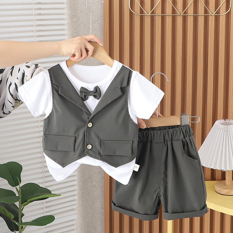 Summer New Fashion Baby Vest Bow Ties Fake Three-piece Suit Trendy Boys Casual Summer Suit Grey