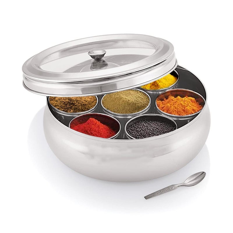 Eddika Stainless Steel Belly Shape Masala box for Kitchen Spice Box Masala Dabba with See Through Lid with 7 Containers and Small Spoon Silver Medium 15 Ltr spice box 15 Ltr - Image 1