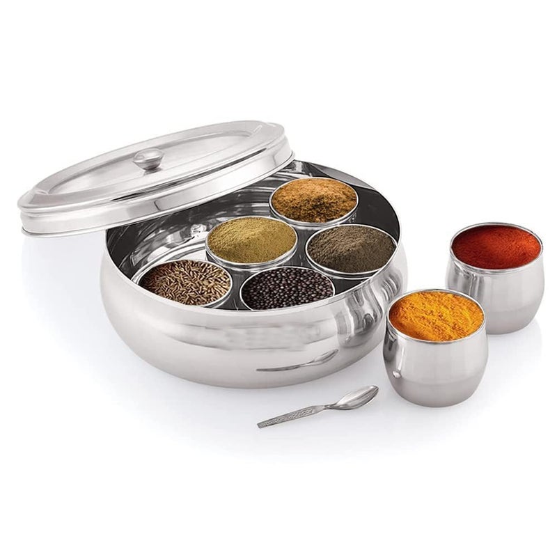 Eddika Stainless Steel Belly Shape Masala box for Kitchen Spice Box Masala Dabba with See Through Lid with 7 Containers and Small Spoon Silver Medium 15 Ltr spice box 15 Ltr - Image 5