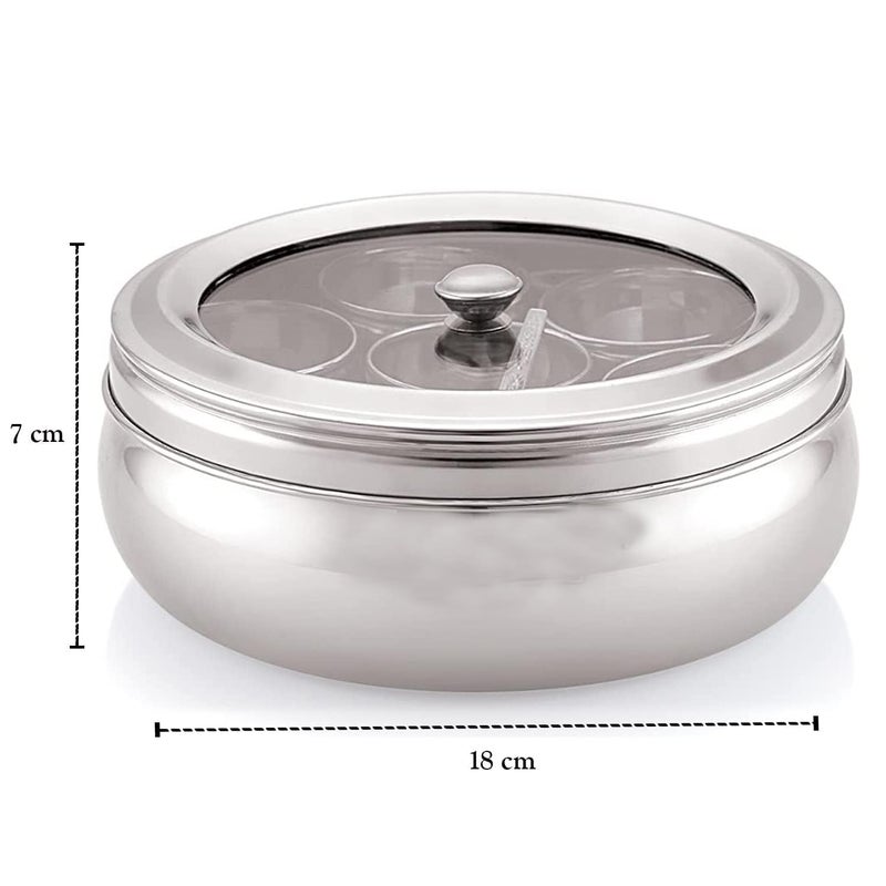 Eddika Stainless Steel Belly Shape Masala box for Kitchen Spice Box Masala Dabba with See Through Lid with 7 Containers and Small Spoon Silver Medium 15 Ltr spice box 15 Ltr - Image 4