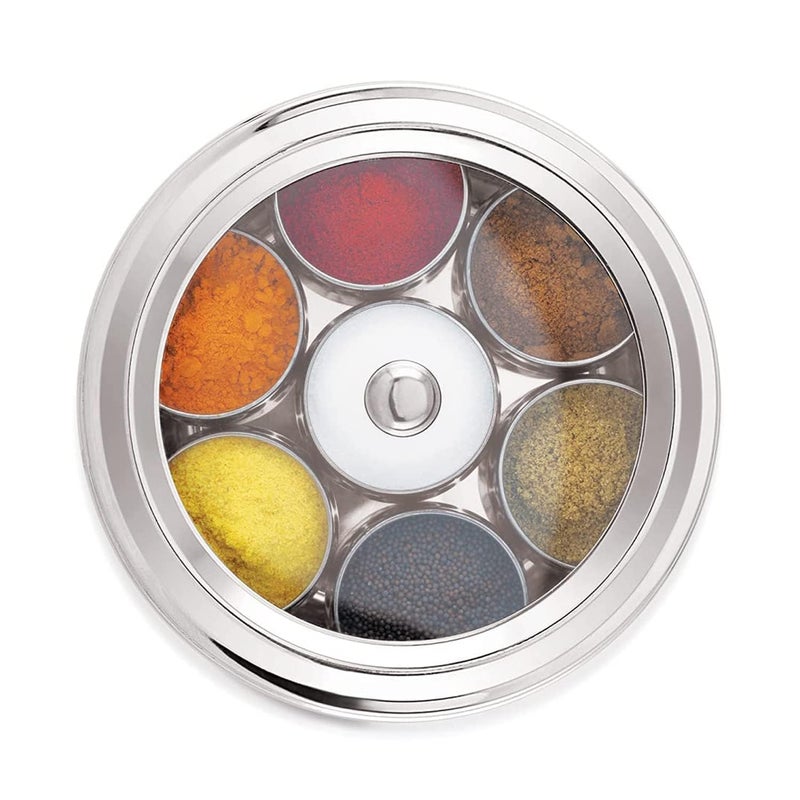 Eddika Stainless Steel Belly Shape Masala box for Kitchen Spice Box Masala Dabba with See Through Lid with 7 Containers and Small Spoon Silver Medium 15 Ltr spice box 15 Ltr - Image 3
