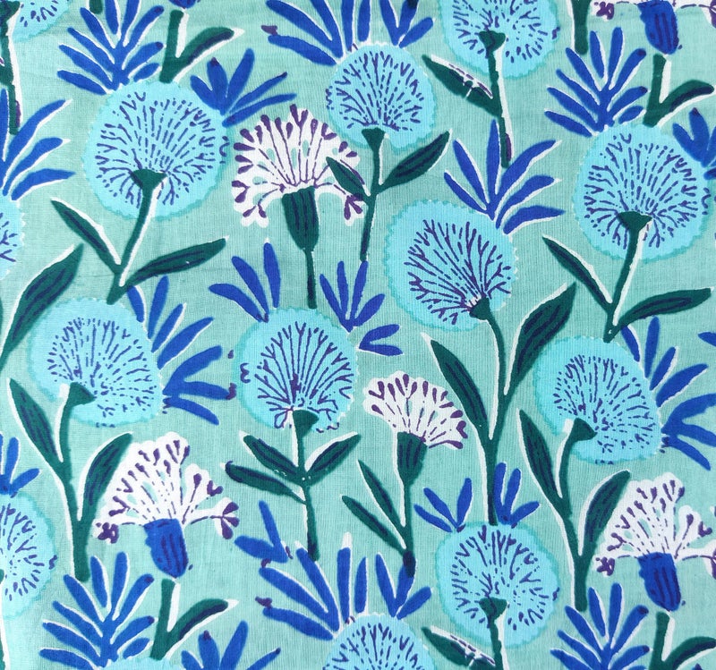 AVKA Studio Hand Block Print Fabric by The Yard PRECUT 5 Yards 42 Inch Width 100 Cotton Material Aqua and Blue Floral Pattern Light Weight Indian Cloth for Making Summer Dress Tops Project