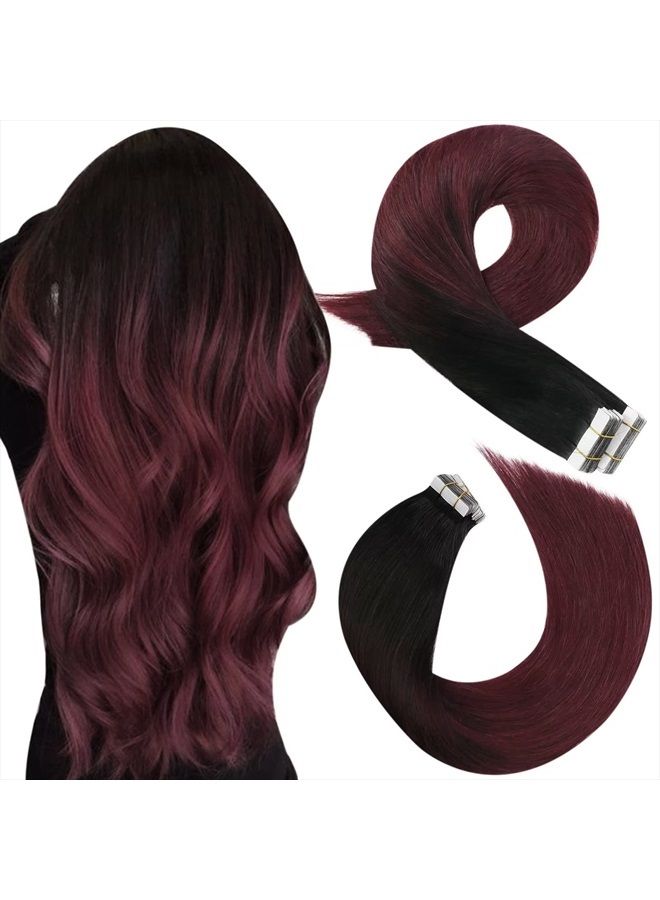 Moresoo Tape in Hair Extensions Human Hair Ombre Off Black to Black with Wine Red Human Hair Tape in Extensions Balayage Real Hair Extensions Tape in Burgundy Glue in Hair 18 Inch #1B/99J 20pcs 50g - Image 1