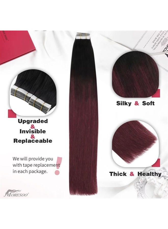 Moresoo Tape in Hair Extensions Human Hair Ombre Off Black to Black with Wine Red Human Hair Tape in Extensions Balayage Real Hair Extensions Tape in Burgundy Glue in Hair 18 Inch #1B/99J 20pcs 50g - Image 2