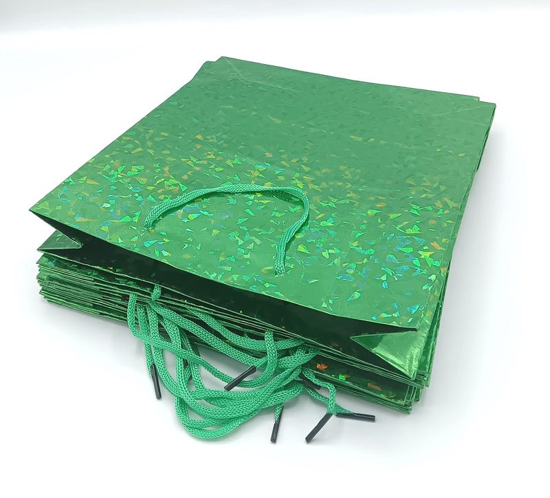 Gold Leaf GOLD LEAF Glitter Paper Bags 12Pcs With Handles,Reusable Iridescent Gift Bags for Baby Shower Gift Bags,Christmas, Party Wrapping Solution(23 x 8 x 27 Cm)(Green)  - Image 2