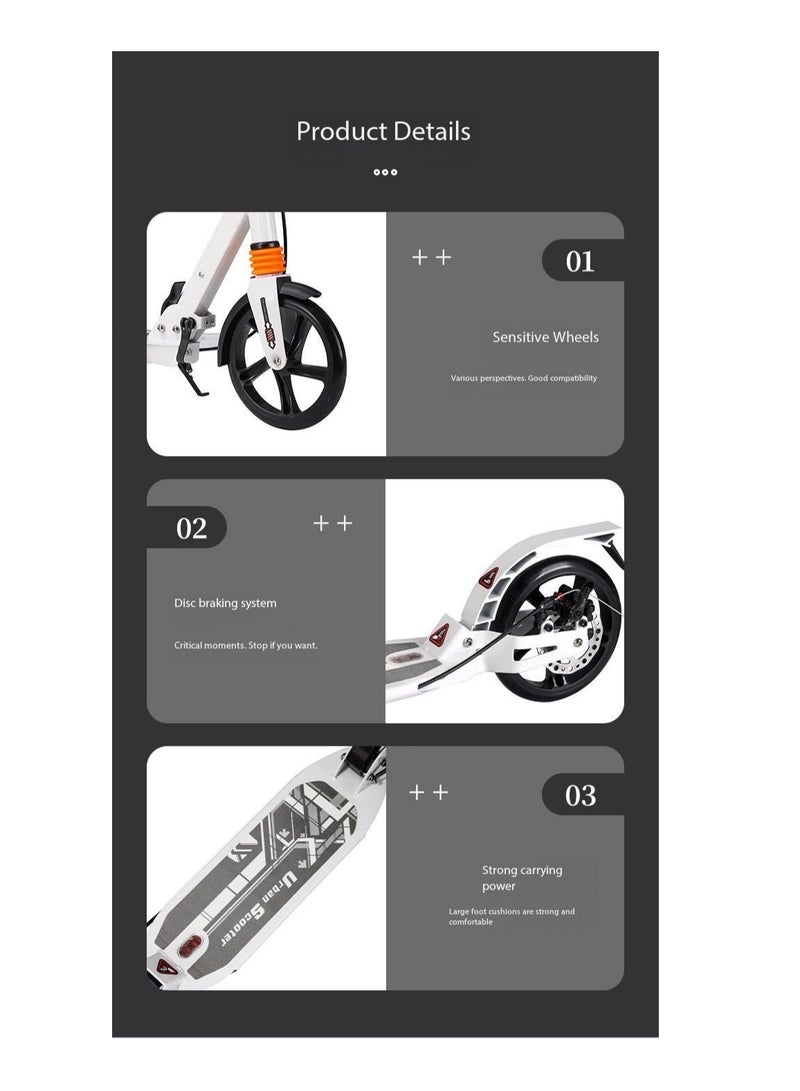 Generic Foldable Kick Scooter with Foot Pedal - Height-Adjustable for Teens & Adults, Commuter Adult Scooters with Hand Brake & Disc Brakes, Shock Absorption, 200MM PU Wheels - Supports 100KG（YS-CT888-White）  - Image 3