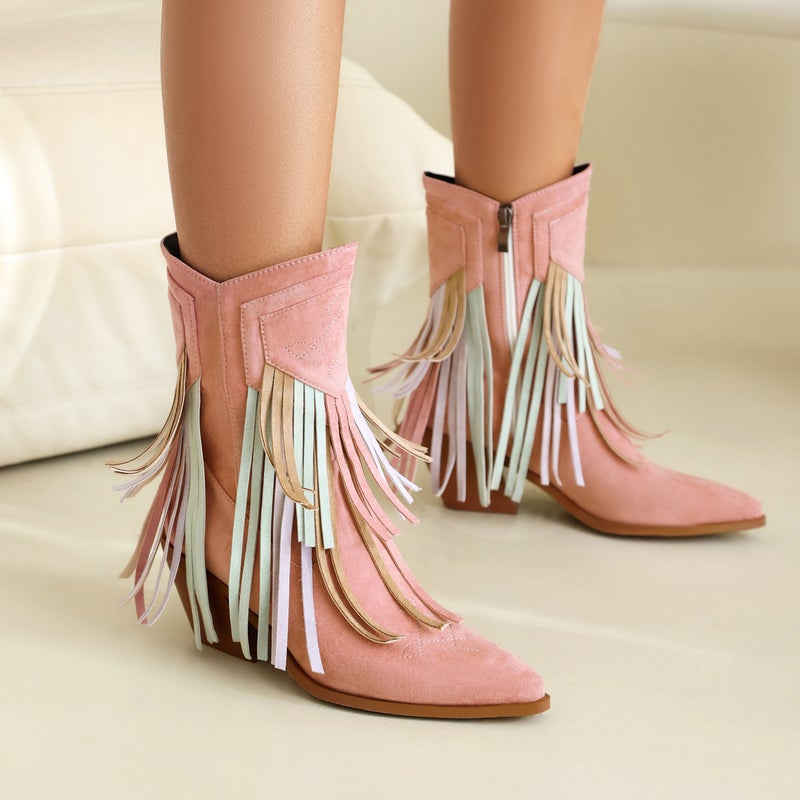 High Heel Western Boots 40-46 Pointed Tassel Side Zipper Low Boots For Women - Image 3