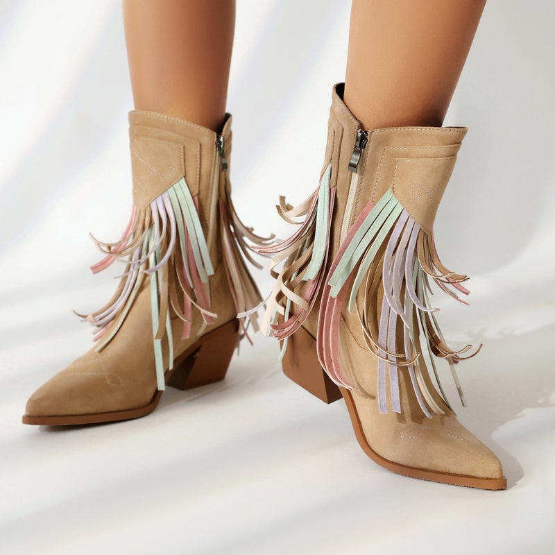 High Heel Western Boots 40-46 Pointed Tassel Side Zipper Low Boots For Women - Image 4