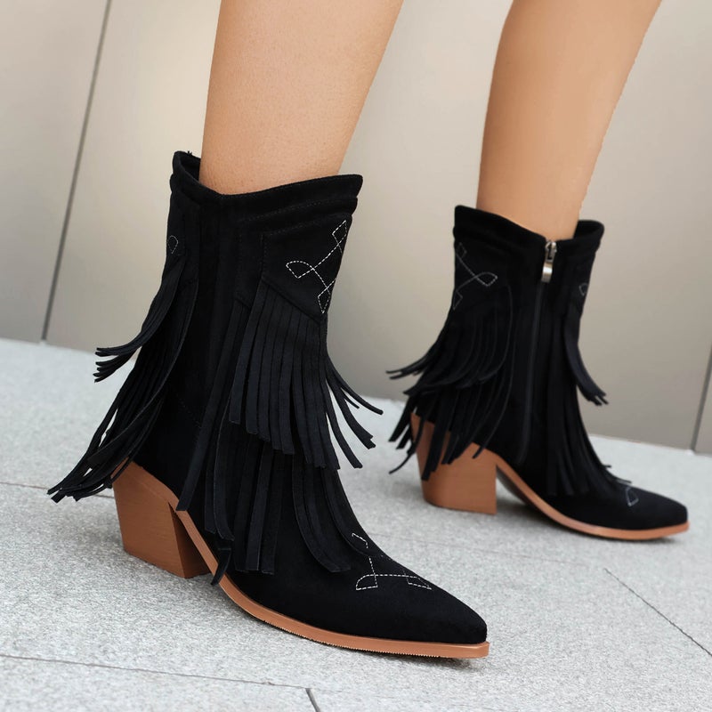 High Heel Western Boots 40-46 Pointed Tassel Side Zipper Low Boots For Women - Image 2