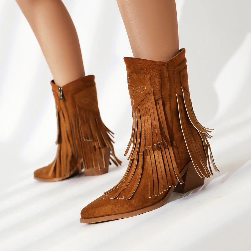 High Heel Western Boots 40-46 Pointed Tassel Side Zipper Low Boots For Women - Image 5