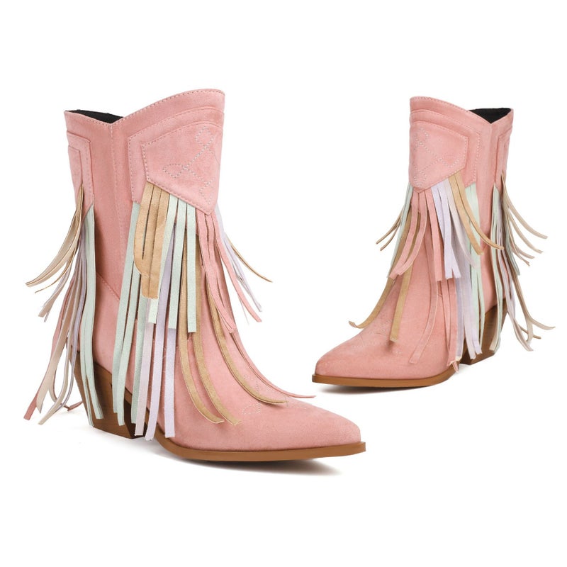 High Heel Western Boots 40-46 Pointed Tassel Side Zipper Low Boots For Women - Image 1