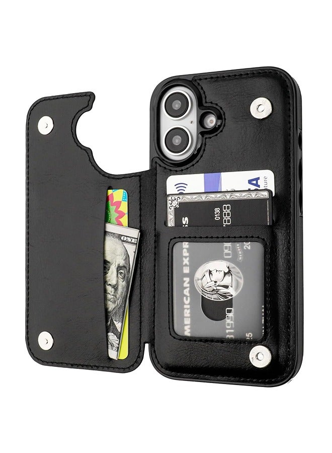 Compatible with iPhone 16 Wallet Case with Card Holder, PU Leather Kickstand Card Slots Case, Double Magnetic Clasp and Durable Shockproof Cover 6.1 Inch (Black) - Image 1