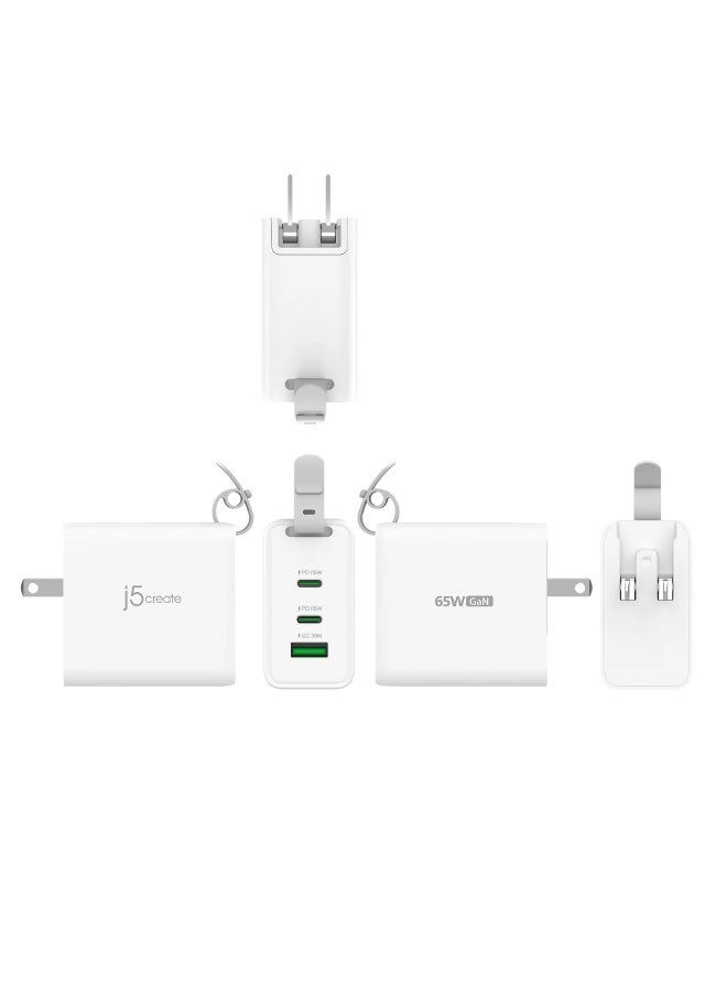j5 create شاحن سفر GaN بقدرة 65 واط مع 3 منافذ USB-C وقوابس AC قابلة للتبديل وكابل USB-C – شحن سريع للابتوب والآيفون والآيباد وأندرويد - Image 4