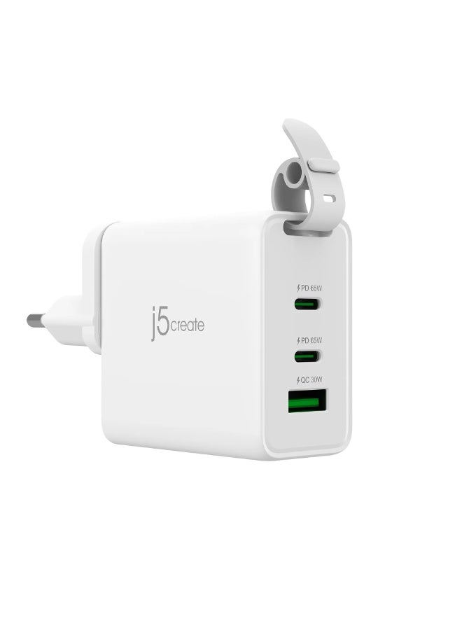 j5 create شاحن سفر GaN بقدرة 65 واط مع 3 منافذ USB-C وقوابس AC قابلة للتبديل وكابل USB-C – شحن سريع للابتوب والآيفون والآيباد وأندرويد - Image 1