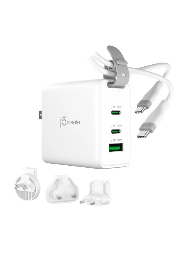 j5 create شاحن سفر GaN بقدرة 65 واط مع 3 منافذ USB-C وقوابس AC قابلة للتبديل وكابل USB-C – شحن سريع للابتوب والآيفون والآيباد وأندرويد - Image 3