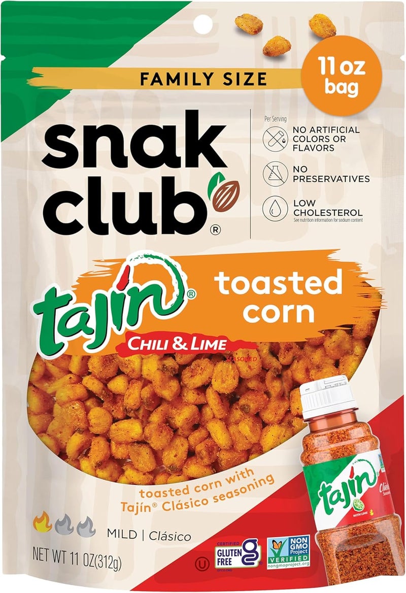 Snak Club Tajin Toasted Corn - Roasted Corn Nuggets with Chili and Lime Seasoning, 11 oz Resealable Bag - Image 1
