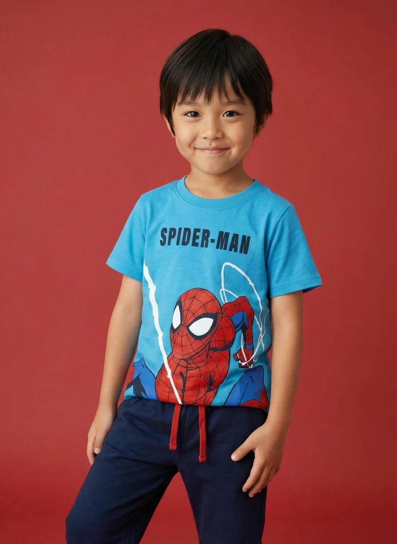 Nautinati Nautinati Boys' 100% Cotton Night Suit with Marvel Spiderman Hem Print T-shirt & Solid Joggers