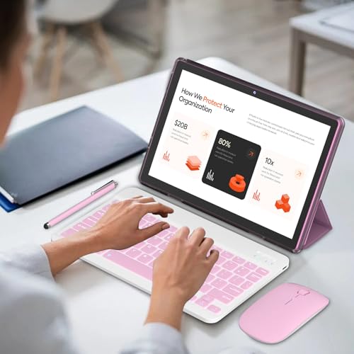Coopers تابلت COOPERS أندرويد 15، تابلت 10 بوصة 18 جيجابايت رام + 128 جيجابايت روم قابل للتوسيع 2 تيرابايت، معالج رباعي النواة بسرعة 2.0 جيجاهرتز، واي فاي 5G WiFi6 بلوتوث 5.0، كاميرتان مزدوجتان، تابلت 2 في 1 مع غلاف لوحة مفاتيح وفأرة وقلم، وايدفاين L1 وردي - Image 4