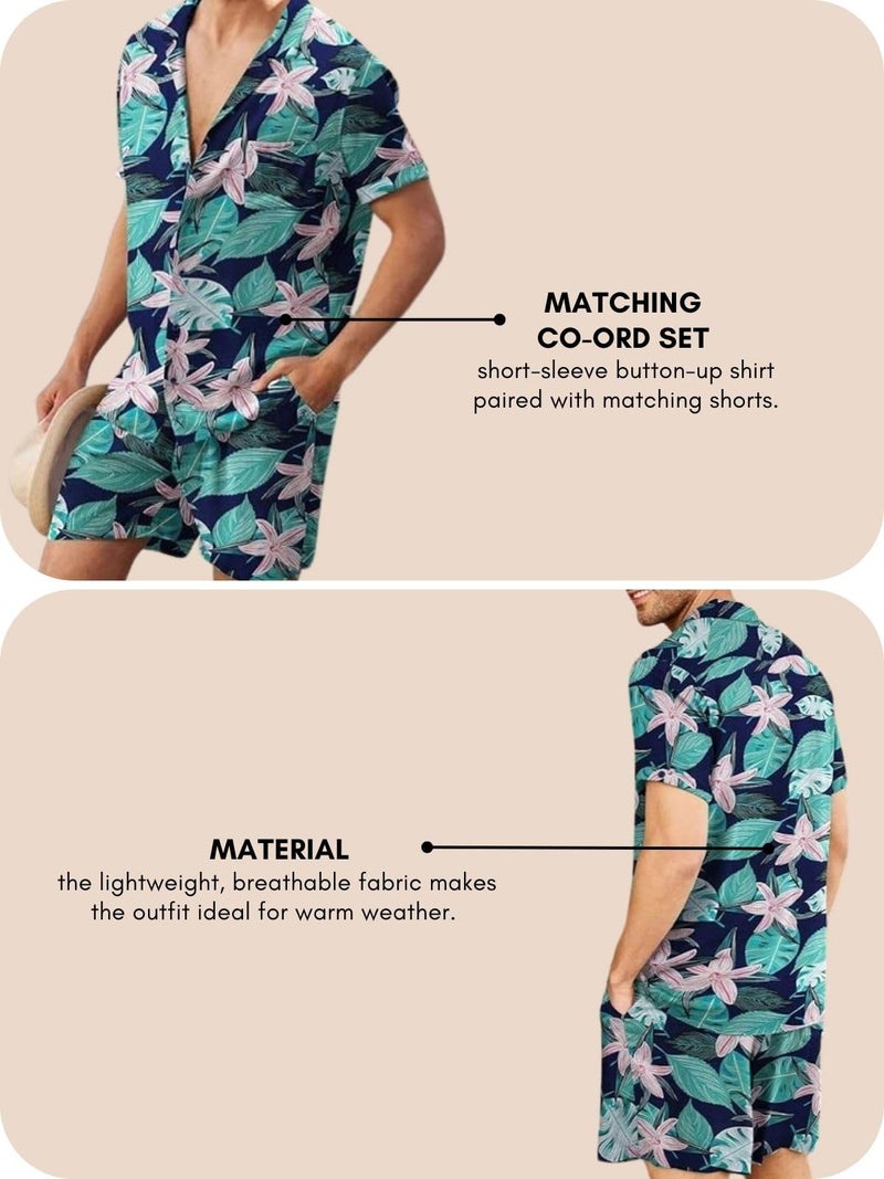 GRECIILOOKS Co Ord Set for Men | Trendy Night Dress for Boys | Shirt and Shorts Combo for Lounge | Stylish Summer and Travel Outfit | Men's Matching Two-Piece for Vacation Blue - Image 2
