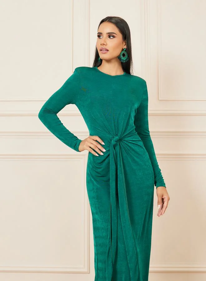 Styli Front Knot Detail Long Sleeves Bodycon Maxi Dress