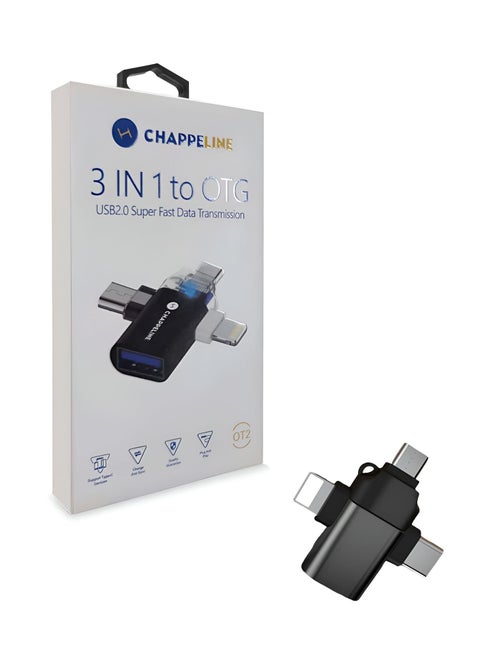 CHAPPELINE 3 In 1 OTG Adapter Type C Micro USB Lightning 2.0 OTG Adapter USB 2.0 Data Transmit - Black