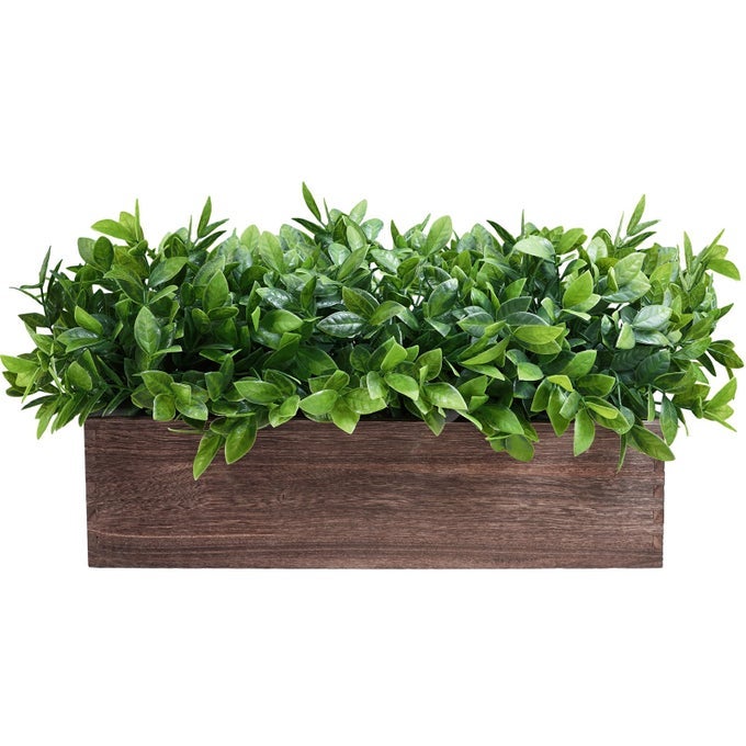 14 ARTIFICIAL BOXWOOD PLANTS IN RECTANGULAR WOOD PLANTER FARMHOUSE GREENERY ARRANGEMENT CENTERPIECE FAUX POTTED HERB PLANT FOR WEDDING DINING ROOM TABLE KITCHEN WINDOWSILL MANTEL SHELF DCOR