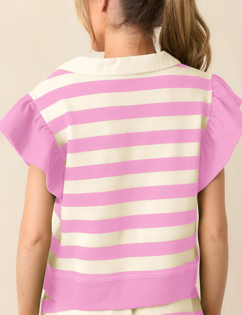 HOCANDY Striped Shorts Sets Women 2 Piece Outfits Ruffle Cap Sleeve Tops and High Waisted Drawstring Shorts with Pockets - Image 2