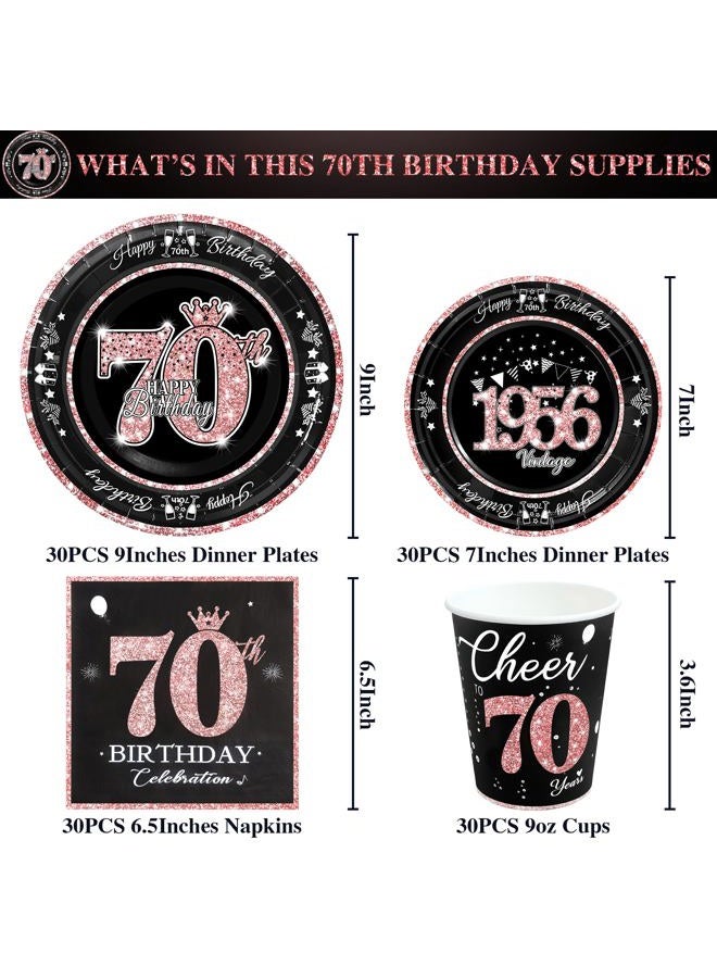 algpty 70th Birthday Decorations Rose Gold, Service for 30, Vintage 70th Birthday Party Supplies Includes Rose Gold 1956 Plates, Napkins,Cups, Plates and Napkins for Women - Image 2