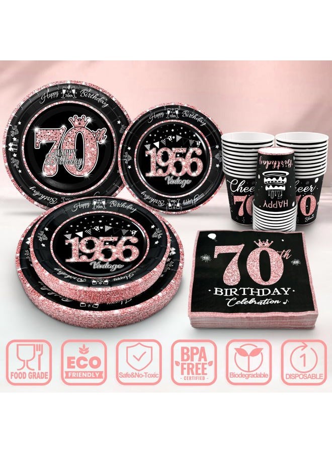 algpty 70th Birthday Decorations Rose Gold, Service for 30, Vintage 70th Birthday Party Supplies Includes Rose Gold 1956 Plates, Napkins,Cups, Plates and Napkins for Women - Image 3