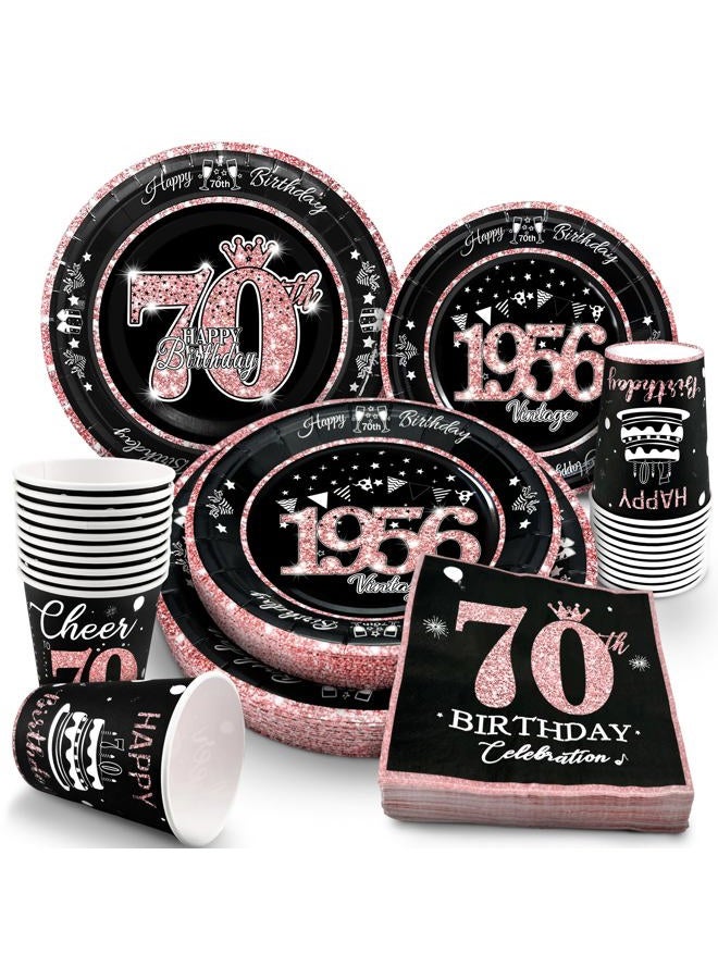 algpty 70th Birthday Decorations Rose Gold, Service for 30, Vintage 70th Birthday Party Supplies Includes Rose Gold 1956 Plates, Napkins,Cups, Plates and Napkins for Women - Image 1