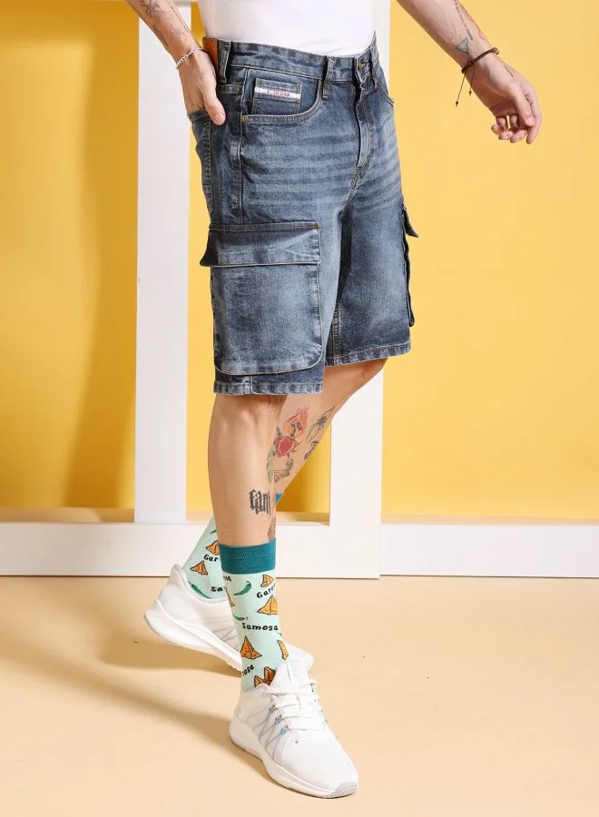 شركة المرآب الهندية Men G-505-CARGO SHORTS Solid Mid-Rise Denim Cargo Shorts